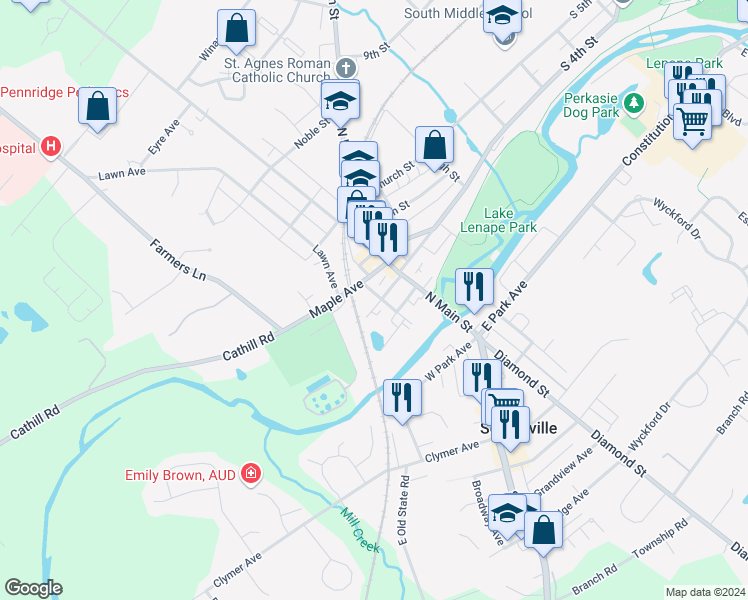 map of restaurants, bars, coffee shops, grocery stores, and more near 108 North Branch Street in Sellersville
