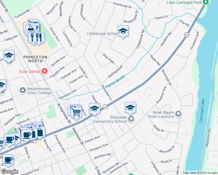 map of restaurants, bars, coffee shops, grocery stores, and more near 29 Snowden Lane in Princeton