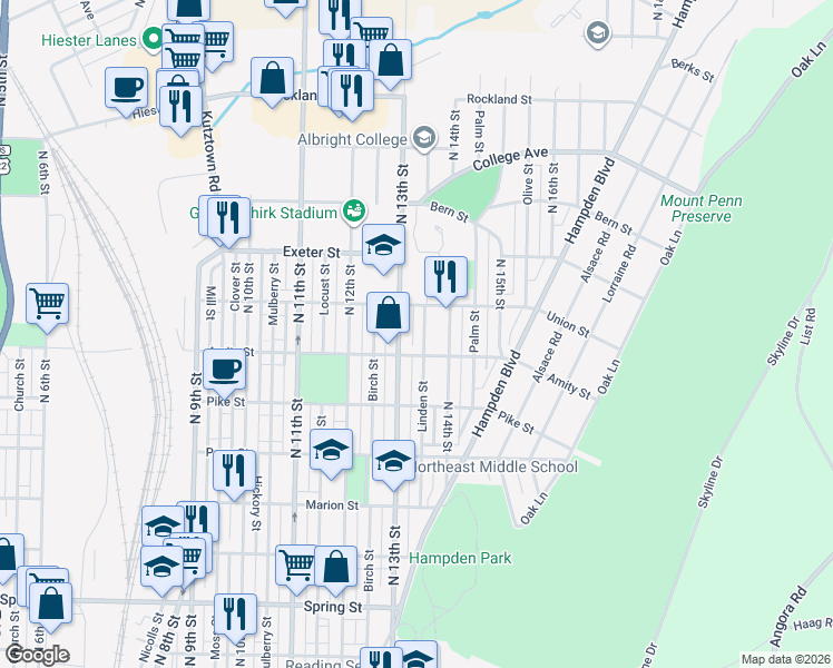 map of restaurants, bars, coffee shops, grocery stores, and more near 1431 East Linden Street in Reading