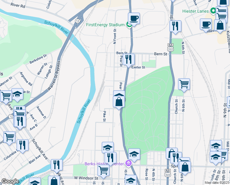 map of restaurants, bars, coffee shops, grocery stores, and more near 103 Amity St in Reading