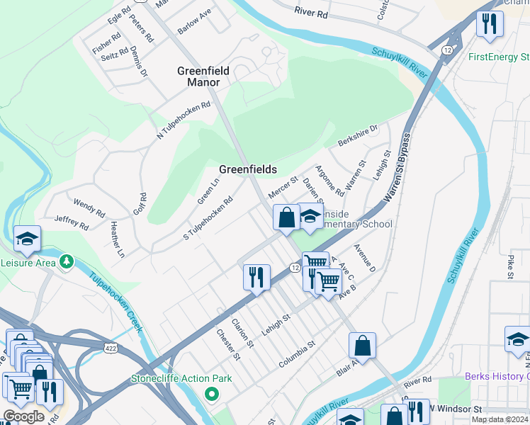 map of restaurants, bars, coffee shops, grocery stores, and more near 1515 Luzerne Street in Reading