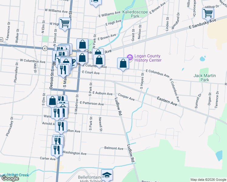 map of restaurants, bars, coffee shops, grocery stores, and more near 309 Ludlow Road in Bellefontaine