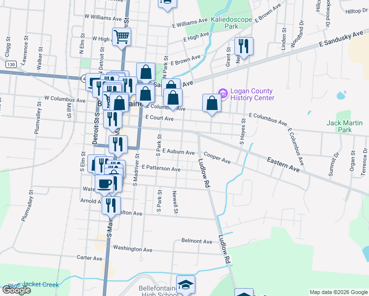 map of restaurants, bars, coffee shops, grocery stores, and more near 412 East Auburn Avenue in Bellefontaine