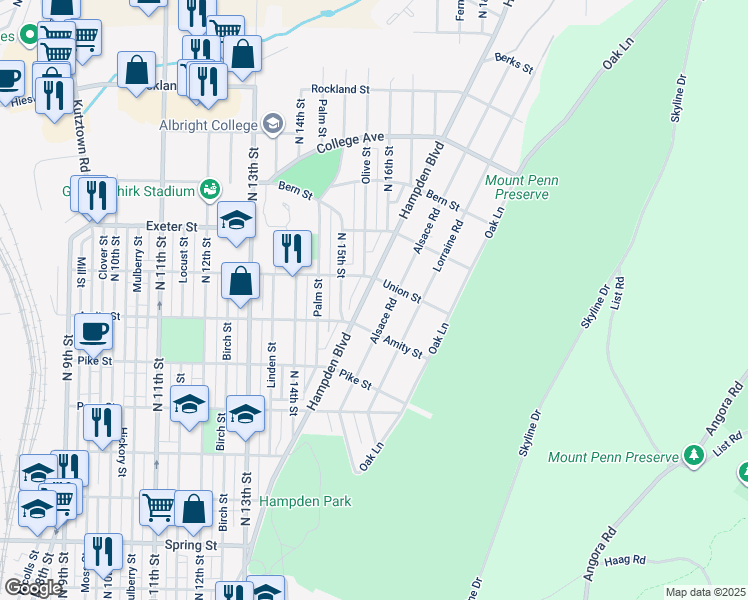 map of restaurants, bars, coffee shops, grocery stores, and more near 1511 Hampden Boulevard in Reading