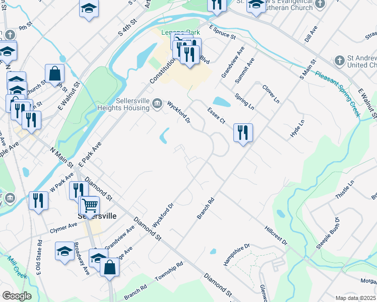 map of restaurants, bars, coffee shops, grocery stores, and more near 1006 Mews Drive in Sellersville