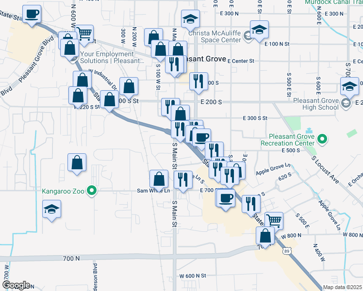 map of restaurants, bars, coffee shops, grocery stores, and more near 88 East State Road in Pleasant Grove