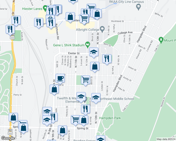 map of restaurants, bars, coffee shops, grocery stores, and more near 1435 North 12th Street in Reading