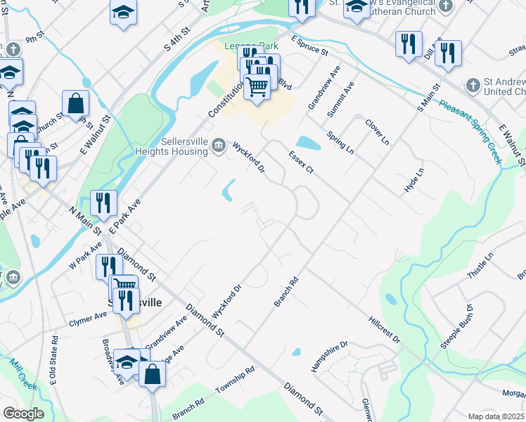 map of restaurants, bars, coffee shops, grocery stores, and more near 1007 Mews Drive in Sellersville