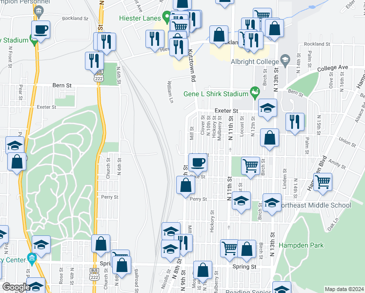 map of restaurants, bars, coffee shops, grocery stores, and more near 1548 North 9th Street in Reading