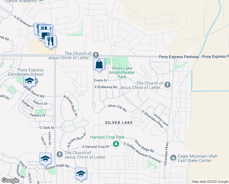 map of restaurants, bars, coffee shops, grocery stores, and more near 7742 Riverwood Way in Eagle Mountain