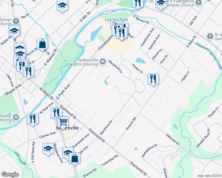 map of restaurants, bars, coffee shops, grocery stores, and more near 608 Mews Drive in Sellersville
