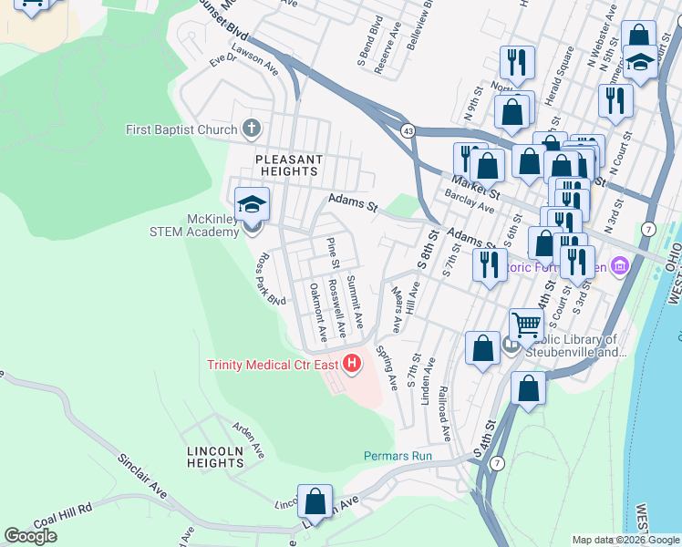 map of restaurants, bars, coffee shops, grocery stores, and more near 703 Pine Street in Steubenville