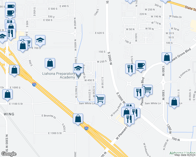 map of restaurants, bars, coffee shops, grocery stores, and more near 383 Manet Drive in American Fork