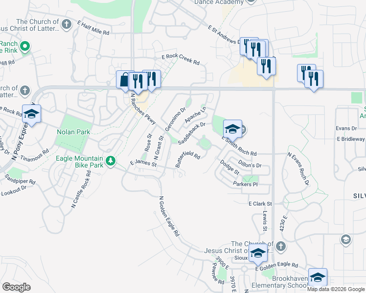 map of restaurants, bars, coffee shops, grocery stores, and more near 3739 Blackhawk Road in Eagle Mountain