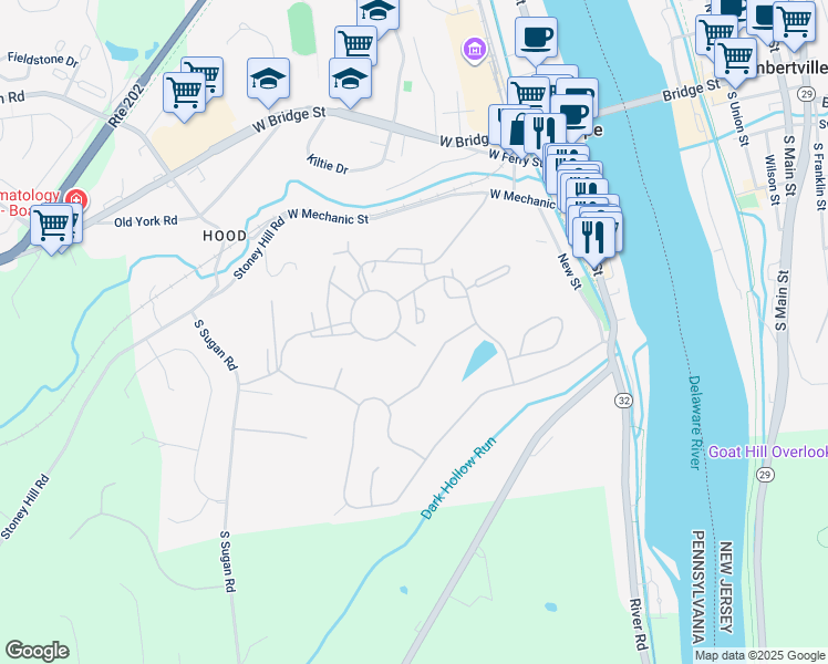 map of restaurants, bars, coffee shops, grocery stores, and more near 34 Tahoe in New Hope
