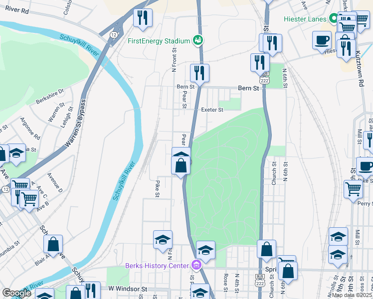 map of restaurants, bars, coffee shops, grocery stores, and more near 1515 North Front Street in Reading