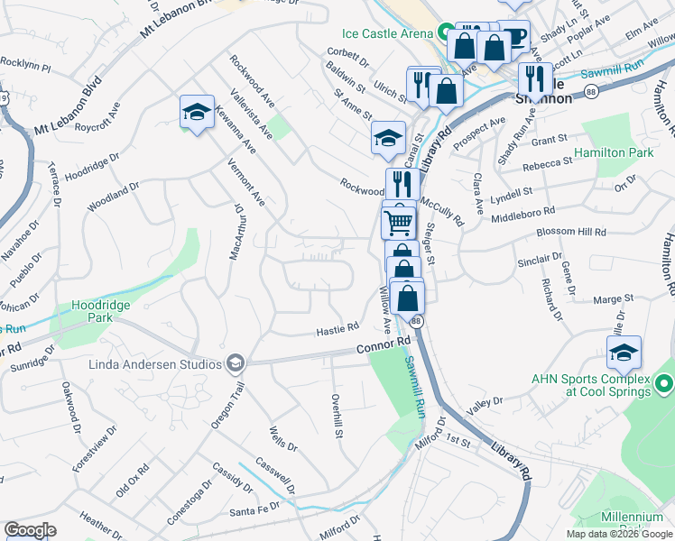 map of restaurants, bars, coffee shops, grocery stores, and more near 1066 Thornwood Drive in Pittsburgh