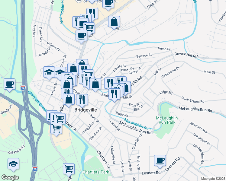map of restaurants, bars, coffee shops, grocery stores, and more near 741 Bluff Street in Bridgeville