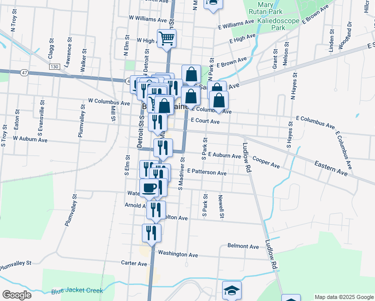 map of restaurants, bars, coffee shops, grocery stores, and more near 212 South Madriver Street in Bellefontaine