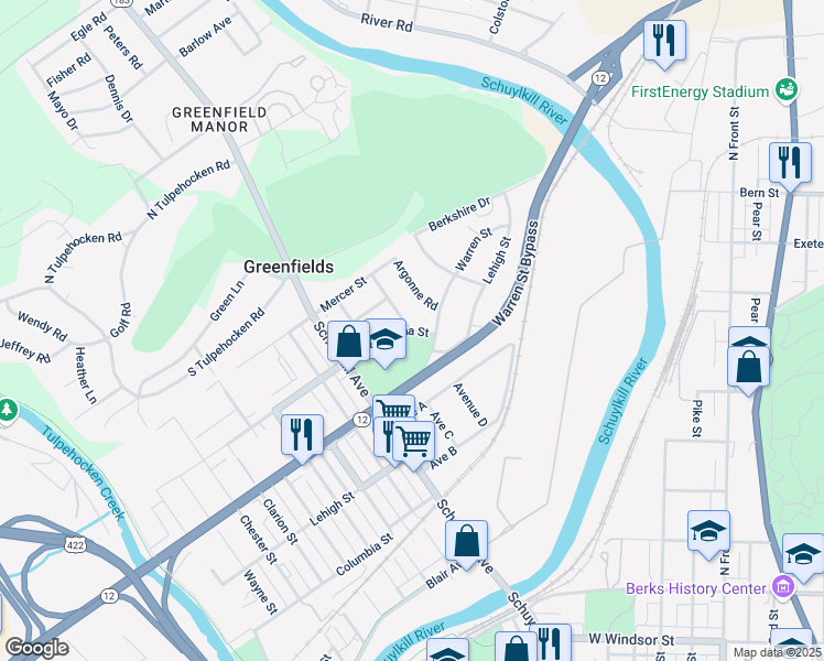 map of restaurants, bars, coffee shops, grocery stores, and more near 6 Lackawanna Street in Reading