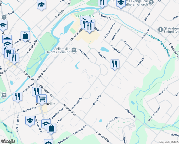 map of restaurants, bars, coffee shops, grocery stores, and more near 1010 Mews Drive in Sellersville