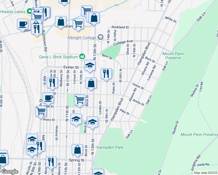 map of restaurants, bars, coffee shops, grocery stores, and more near 1416 Union Street in Reading