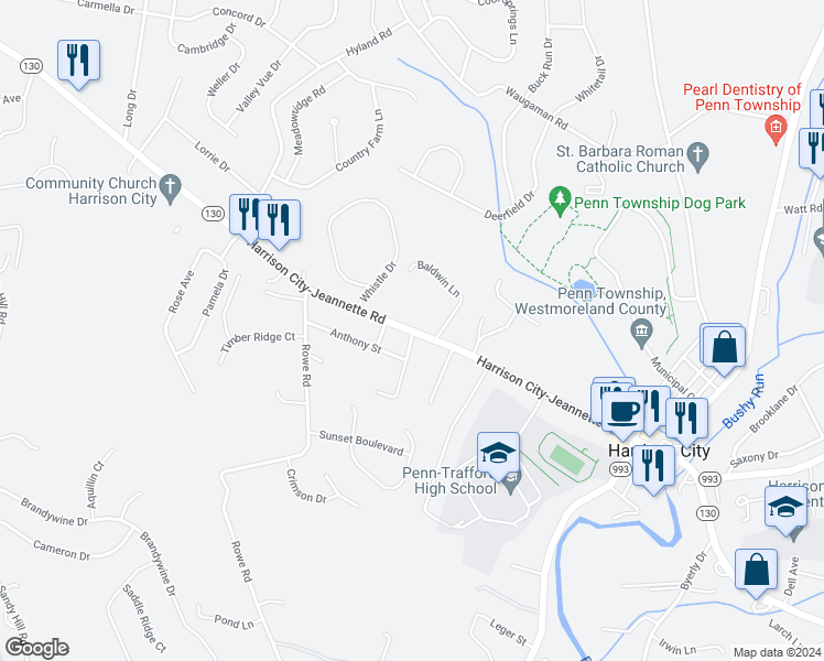 map of restaurants, bars, coffee shops, grocery stores, and more near 2098 Route 130 in Harrison City