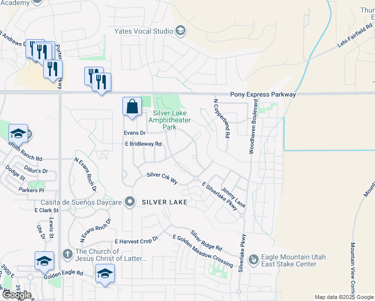 map of restaurants, bars, coffee shops, grocery stores, and more near 7782 Crescendo Court in Eagle Mountain