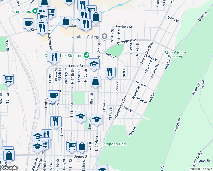 map of restaurants, bars, coffee shops, grocery stores, and more near 1517 Linden St in Reading
