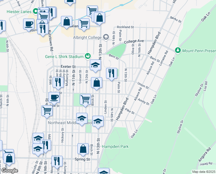 map of restaurants, bars, coffee shops, grocery stores, and more near 1517 Linden St in Reading