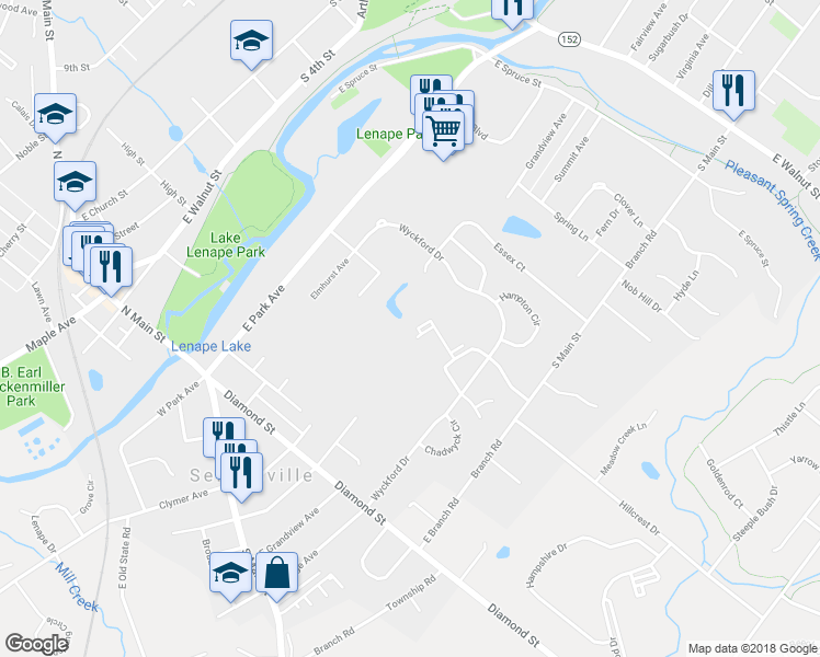 map of restaurants, bars, coffee shops, grocery stores, and more near 605 Mews Drive in Sellersville