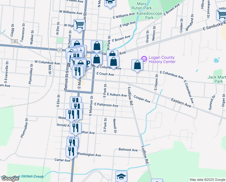 map of restaurants, bars, coffee shops, grocery stores, and more near 312 East Chillicothe Avenue in Bellefontaine