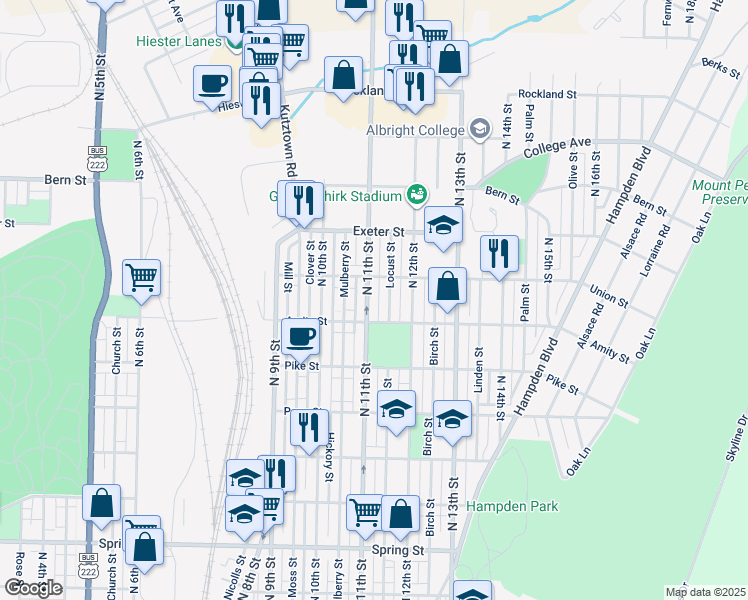 map of restaurants, bars, coffee shops, grocery stores, and more near 1515 North 11th Street in Reading