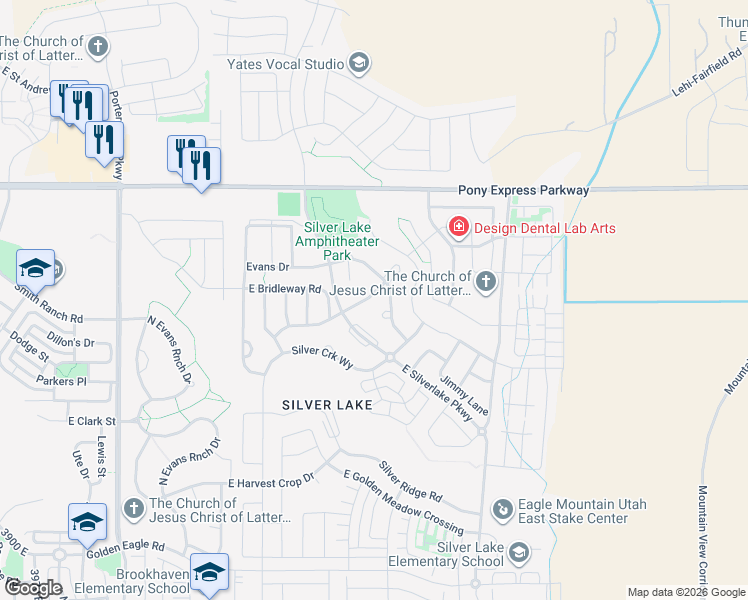 map of restaurants, bars, coffee shops, grocery stores, and more near 7782 Crescendo Court in Eagle Mountain
