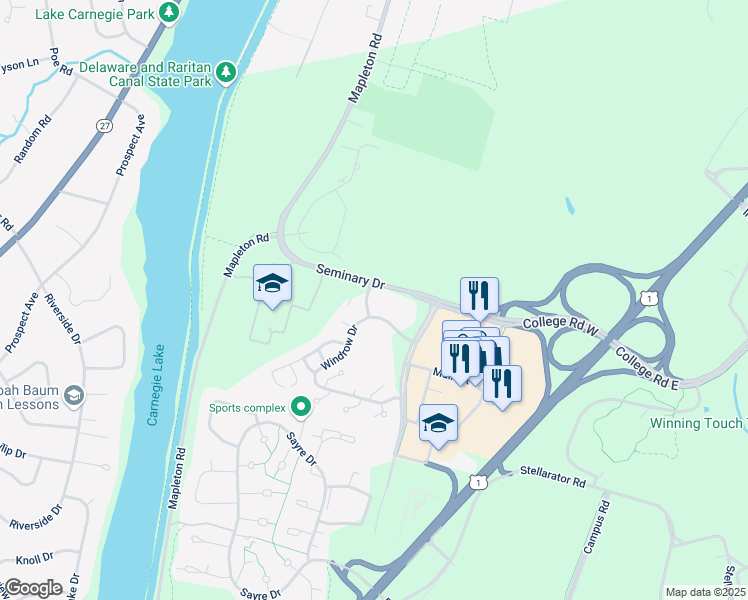 map of restaurants, bars, coffee shops, grocery stores, and more near 9-99 Seminary Dr in Princeton