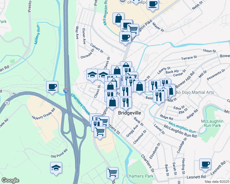 map of restaurants, bars, coffee shops, grocery stores, and more near 443 Washington Pike in Bridgeville