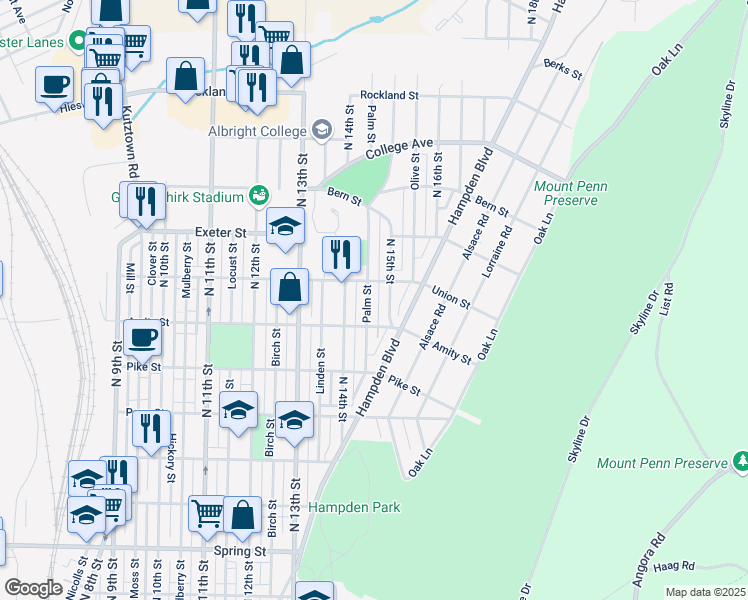map of restaurants, bars, coffee shops, grocery stores, and more near 1416 Union Street in Reading