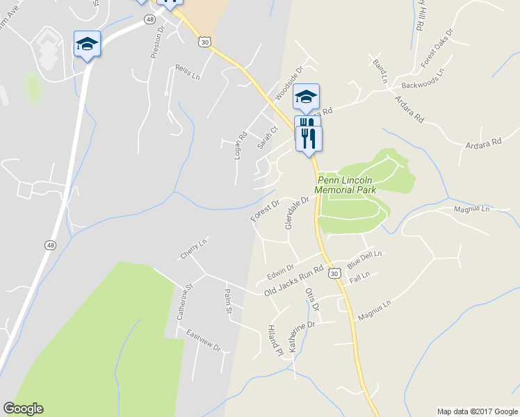 map of restaurants, bars, coffee shops, grocery stores, and more near 180 Forest Drive in Irwin