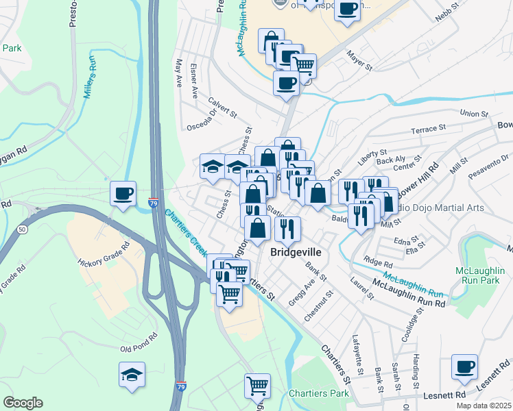 map of restaurants, bars, coffee shops, grocery stores, and more near 443 Washington Pike in Bridgeville