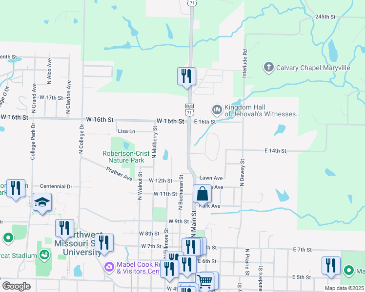 map of restaurants, bars, coffee shops, grocery stores, and more near 1350 North Main Street in Maryville