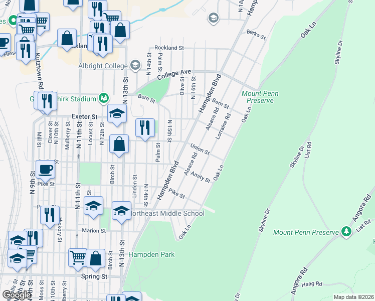 map of restaurants, bars, coffee shops, grocery stores, and more near 1601 Hampden Boulevard in Reading