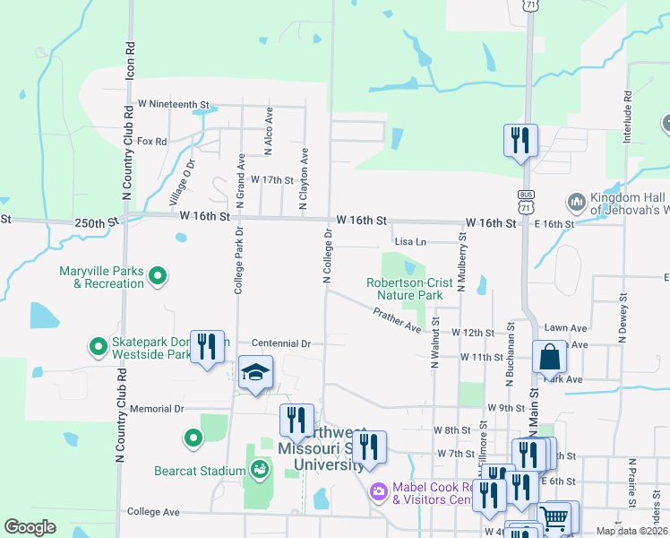 map of restaurants, bars, coffee shops, grocery stores, and more near 1401-1499 North College Drive in Maryville