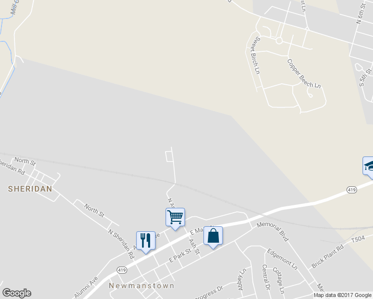 map of restaurants, bars, coffee shops, grocery stores, and more near 120 North Ash Road in Newmanstown