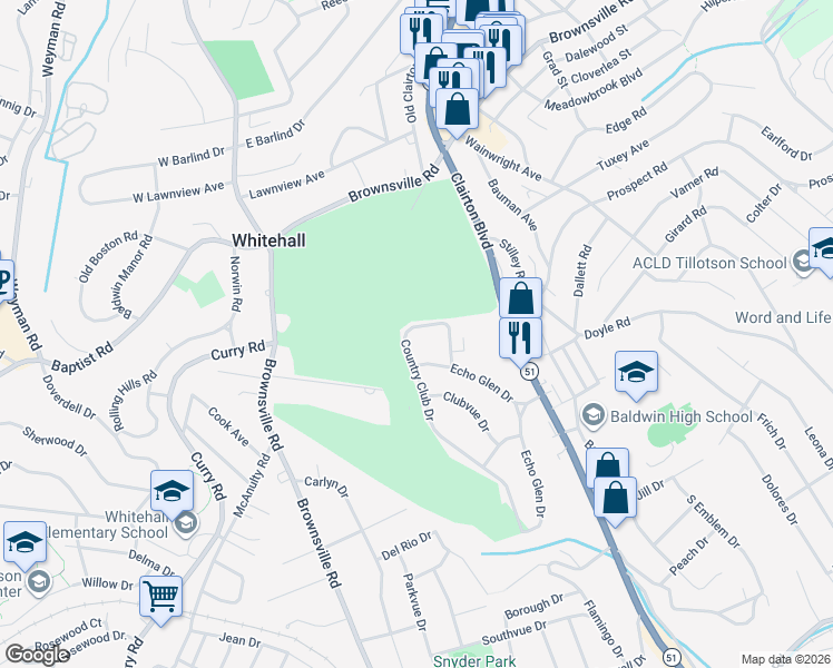 map of restaurants, bars, coffee shops, grocery stores, and more near 4454 Country Club Drive in Pittsburgh