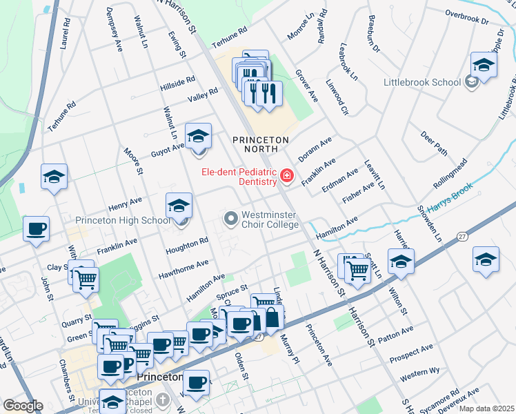 map of restaurants, bars, coffee shops, grocery stores, and more near 278 Franklin Avenue in Princeton