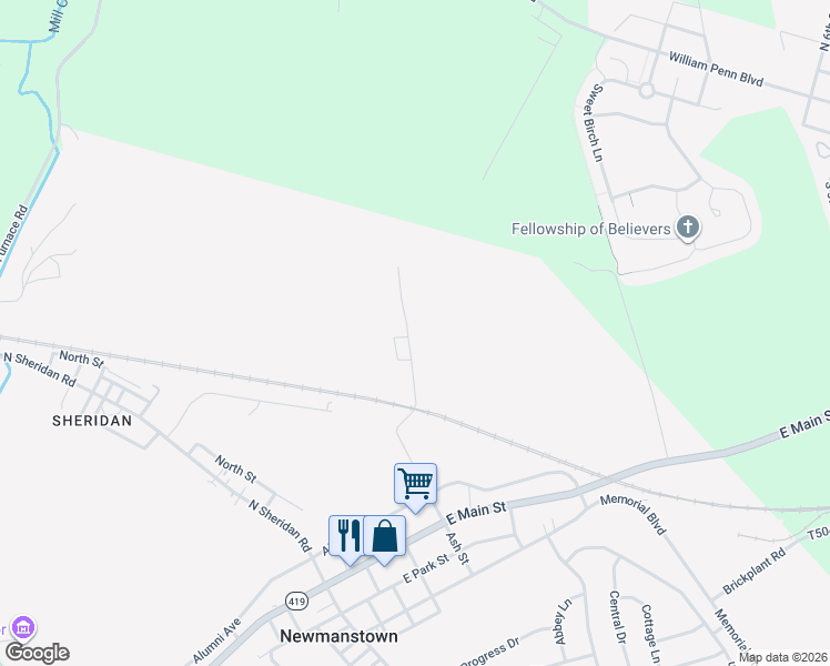 map of restaurants, bars, coffee shops, grocery stores, and more near 120 North Ash Road in Newmanstown