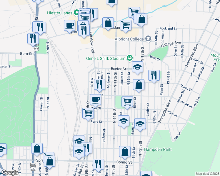 map of restaurants, bars, coffee shops, grocery stores, and more near 1032 Union Street in Reading