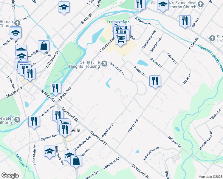 map of restaurants, bars, coffee shops, grocery stores, and more near 602 Mews Drive in Sellersville