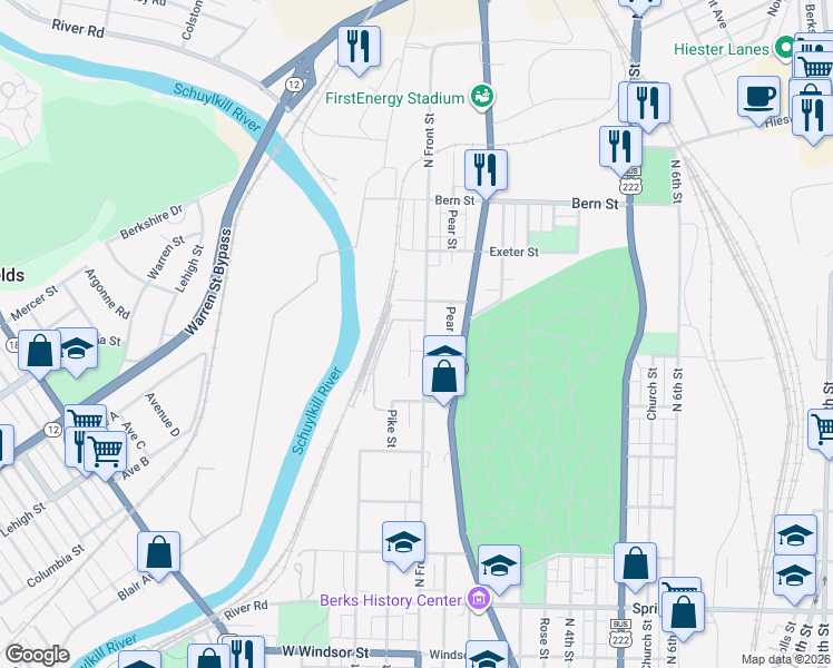 map of restaurants, bars, coffee shops, grocery stores, and more near 1522 North Front Street in Reading