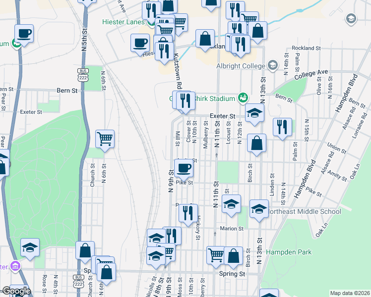 map of restaurants, bars, coffee shops, grocery stores, and more near 938 Union Street in Reading